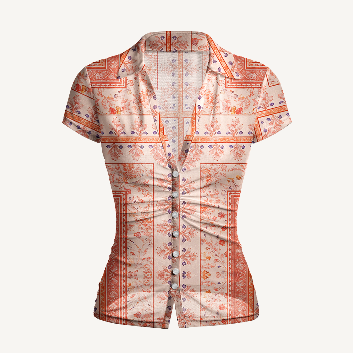 V-Neck Short Sleeve Dahlia Print Mesh Top