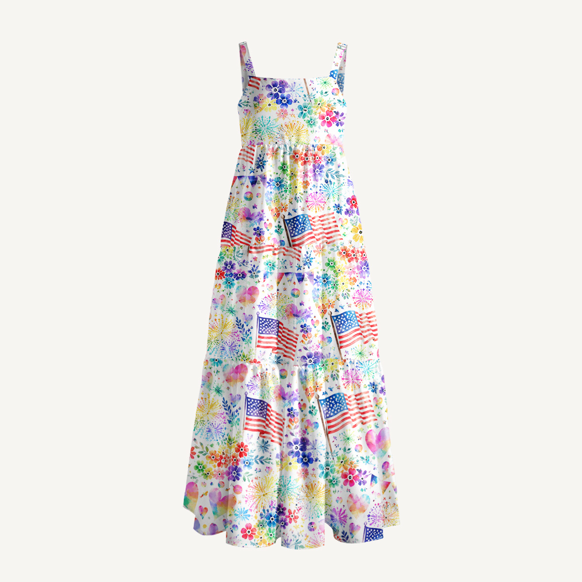 Rainbow Fireworks Garden Flag Print Wide Straps Maxi Dress With Pockets